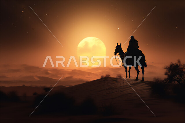 المواصلات ووسائل النقل القديمة، ضوء القمر في السماء، التنقل على حيوان الابل في المملكة العربية السعودية، الصحراء العربيه في وقت الليل، رعايه وتربيه المواشي, صورة ظلية لراعي عربي خليجي سعودي يمتطي الجمل فوق الرمال الذهبية الناعمه، سالوييت