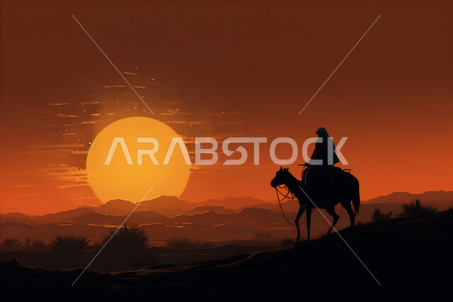 Transportation and ancient means of transportation, moonlight in the sky, camel travel in Saudi Arabia, Arabian desert at night, livestock herding, silhouette of a Saudi Arabian Gulf shepherd riding a camel on soft golden sand, Salouet