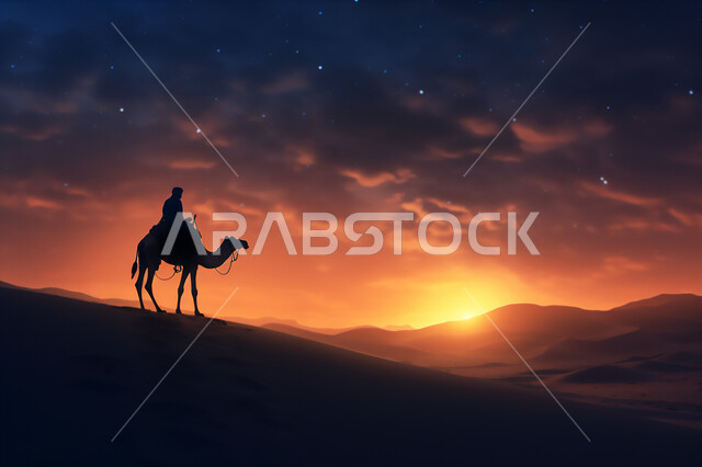 المواصلات ووسائل النقل القديمة، ضوء القمر في السماء، التنقل على حيوان الابل في المملكة العربية السعودية، الصحراء العربيه في وقت الليل، رعايه وتربيه المواشي, صورة ظلية لراعي عربي خليجي سعودي يمتطي الجمل فوق الرمال الذهبية الناعمه، سالوييت