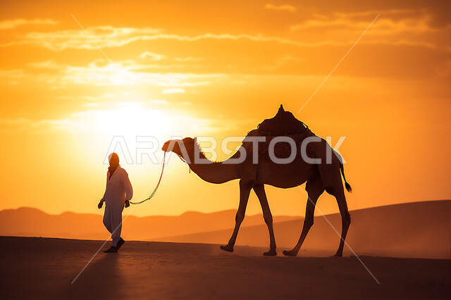 المواصلات ووسائل النقل القديمة، ضوء القمر في السماء، التنقل على حيوان الابل في المملكة العربية السعودية، الصحراء العربيه في وقت الليل، رعايه وتربيه المواشي, صورة ظلية لراعي عربي خليجي سعودي يمتطي الجمل فوق الرمال الذهبية الناعمه، سالوييت