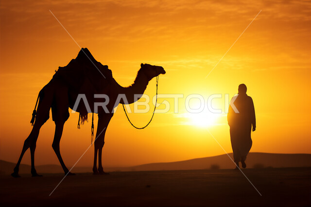 المواصلات ووسائل النقل القديمة، ضوء القمر في السماء، التنقل على حيوان الابل في المملكة العربية السعودية، الصحراء العربيه في وقت الليل، رعايه وتربيه المواشي, صورة ظلية لراعي عربي خليجي سعودي يمتطي الجمل فوق الرمال الذهبية الناعمه، سالوييت