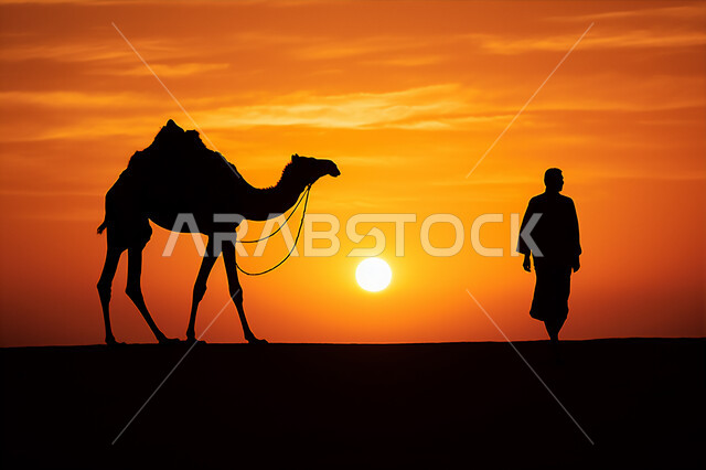 المواصلات ووسائل النقل القديمة، ضوء القمر في السماء، التنقل على حيوان الابل في المملكة العربية السعودية، الصحراء العربيه في وقت الليل، رعايه وتربيه المواشي, صورة ظلية لراعي عربي خليجي سعودي يمتطي الجمل فوق الرمال الذهبية الناعمه، سالوييت