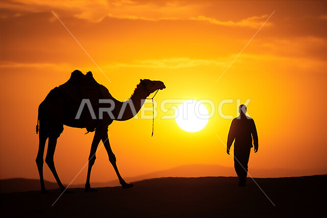 المواصلات ووسائل النقل القديمة، ضوء القمر في السماء، التنقل على حيوان الابل في المملكة العربية السعودية، الصحراء العربيه في وقت الليل، رعايه وتربيه المواشي, صورة ظلية لراعي عربي خليجي سعودي يمتطي الجمل فوق الرمال الذهبية الناعمه، سالوييت
