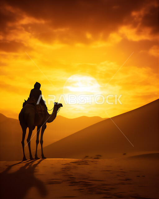 المواصلات ووسائل النقل القديمة، ضوء القمر في السماء، التنقل على حيوان الابل في المملكة العربية السعودية، الصحراء العربيه في وقت الليل، رعايه وتربيه المواشي, صورة ظلية لراعي عربي خليجي سعودي يمتطي الجمل فوق الرمال الذهبية الناعمه، سالوييت