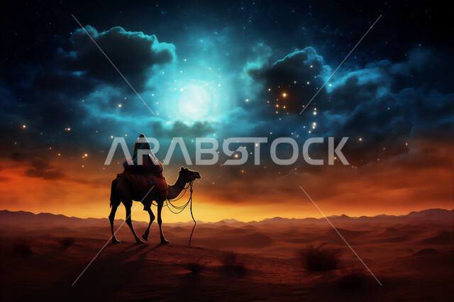 المواصلات ووسائل النقل القديمة، ضوء القمر في السماء، تربيه ورعايه المواشي, صورة ظلية لراعي عربي خليجي سعودي يمتطي الجمل فوق الرمال الذهبية الناعمه، الصحراء العربيه في وقت الليل، مفهوم السفرعلى حيوان الابل في المملكة العربية السعودية، سالوييت