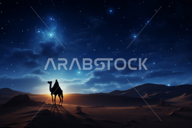 المواصلات ووسائل النقل القديمة، ضوء القمر في السماء، تربيه ورعايه المواشي, صورة ظلية لراعي عربي خليجي سعودي يمتطي الجمل فوق الرمال الذهبية الناعمه، الصحراء العربيه في وقت الليل، مفهوم السفرعلى حيوان الابل في المملكة العربية السعودية، سالوييت