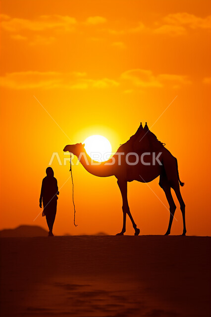 المواصلات ووسائل النقل القديمة، ضوء القمر في السماء، تربيه ورعايه المواشي, صورة ظلية لراعي عربي خليجي سعودي يمتطي الجمل فوق الرمال الذهبية الناعمه، الصحراء العربيه في وقت الليل، مفهوم السفرعلى حيوان الابل في المملكة العربية السعودية، سالوييت