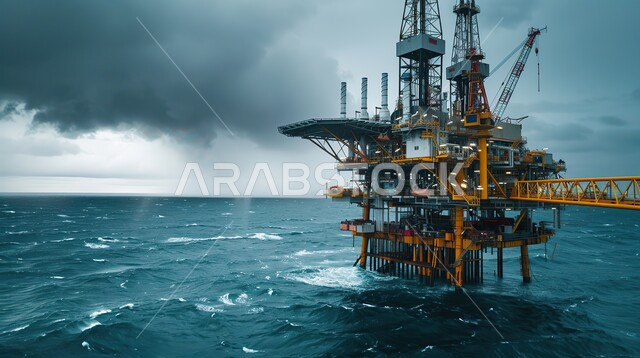 منصفة نفط لاستنباط الزيوت, استخراج وتصدير الثروات الباطنية، حفارة تقوم بالتنقيب عن النفط وسط البحر, آلات حفر ضخمة , جودة الأدوات والمعدات لصناعة وتخزين البترول