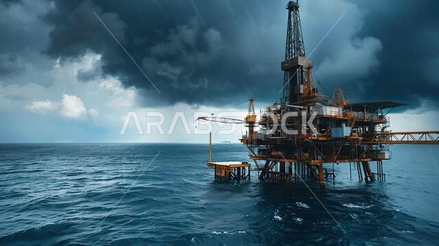 منصة نفط لاستنباط الزيوت, استخراج وتصدير الثروات الباطنية، حفارة تقوم بالتنقيب عن النفط وسط البحر, آلات حفر ضخمة , جودة الأدوات والمعدات لصناعة وتخزين البترول