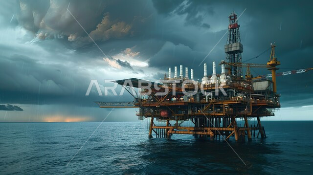 منصة نفط لاستنباط الزيوت, استخراج وتصدير الثروات الباطنية، حفارة تقوم بالتنقيب عن النفط وسط البحر, آلات حفر ضخمة , جودة الأدوات والمعدات لصناعة وتخزين البترول