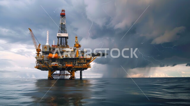 منصة نفط لاستنباط الزيوت, استخراج وتصدير الثروات الباطنية، حفارة تقوم بالتنقيب عن النفط وسط البحر, آلات حفر ضخمة , جودة الأدوات والمعدات لصناعة وتخزين البترول