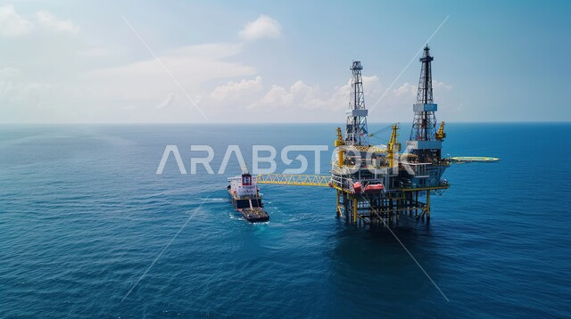 استخراج وتصدير الثروات الباطنية، منصة نفط لاستنباط الزيوت, حفارة تقوم بالتنقيب عن النفط وسط البحر مع السفن والقوارب, آلات حفر ضخمة , جودة الأدوات والمعدات لصناعة وتخزين البترول