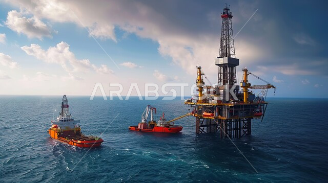 استخراج وتصدير الثروات الباطنية، منصفة نفط لاستنباط الزيوت, حفارة تقوم بالتنقيب عن النفط وسط البحر مع السفن والقوارب, آلات حفر ضخمة , جودة الأدوات والمعدات لصناعة وتخزين البترول