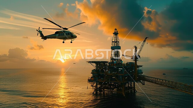 آلات حفر ضخمة , استخراج وتصدير الثروات الباطنية، منصفة نفط لاستنباط الزيوت, حفارة تقوم بالتنقيب عن النفط وسط البحر مع طائرة الهليكوبتر وقت الغروب, جودة الأدوات والمعدات لصناعة وتخزين البترول