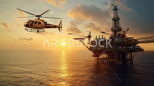 آلات حفر ضخمة , استخراج وتصدير الثروات الباطنية، منصفة نفط لاستنباط الزيوت, حفارة تقوم بالتنقيب عن النفط وسط البحر مع طائرة الهليكوبتر وقت الغروب, جودة الأدوات والمعدات لصناعة وتخزين البترول