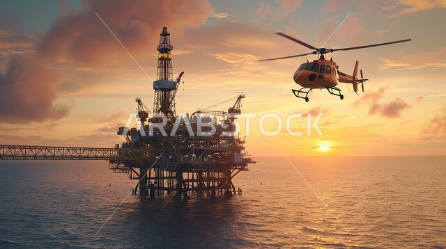 آلات حفر ضخمة , استخراج وتصدير الثروات الباطنية، منصة نفط لاستنباط الزيوت, حفارة تقوم بالتنقيب عن النفط وسط البحر مع طائرة الهليكوبتر وقت الغروب, جودة الأدوات والمعدات لصناعة وتخزين البترول