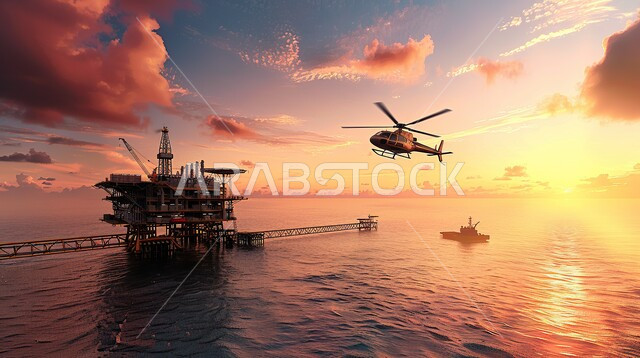 آلات حفر ضخمة , استخراج وتصدير الثروات الباطنية، منصة نفط لاستنباط الزيوت, حفارة تقوم بالتنقيب عن النفط وسط البحر مع طائرة الهليكوبتر وقت الغروب, جودة الأدوات والمعدات لصناعة وتخزين البترول