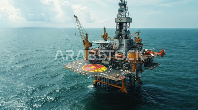 جودة الأدوات والمعدات لصناعة وتخزين البترول، آلات حفر ضخمة , استخراج وتصدير الثروات الباطنية، منصفة نفط لاستنباط الزيوت, حفارة تقوم بالتنقيب عن النفط وسط البحر مع مهبط طائرات الهليكوبتر