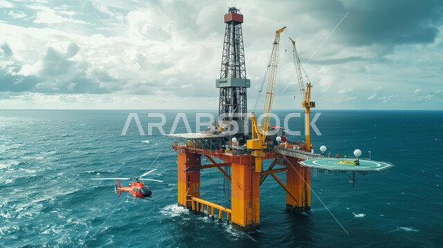 جودة الأدوات والمعدات لصناعة وتخزين البترول، آلات حفر ضخمة , استخراج وتصدير الثروات الباطنية، منصة نفط لاستنباط الزيوت, حفارة تقوم بالتنقيب عن النفط وسط البحر مع مهبط طائرات الهليكوبتر