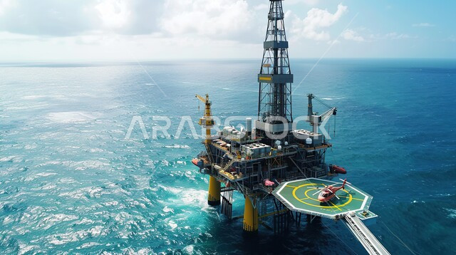 جودة الأدوات والمعدات لصناعة وتخزين البترول، آلات حفر ضخمة , استخراج وتصدير الثروات الباطنية، منصة نفط لاستنباط الزيوت, حفارة تقوم بالتنقيب عن النفط وسط البحر مع مهبط طائرات الهليكوبتر