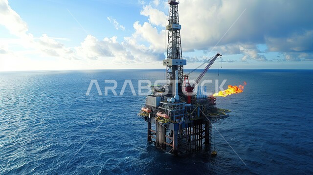 حفارة تقوم بالتنقيب عن النفط والغاز وسط البحر، جودة الأدوات والمعدات لصناعة وتخزين البترول، آلات حفر ضخمة , استخراج وتصدير الثروات الباطنية، منصفة نفط لاستنباط الزيوت والغازات
