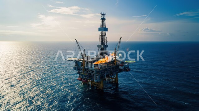 حفارة تقوم بالتنقيب عن النفط والغاز وسط البحر، جودة الأدوات والمعدات لصناعة وتخزين البترول، آلات حفر ضخمة , استخراج وتصدير الثروات الباطنية، منصة نفط لاستنباط الزيوت والغازات