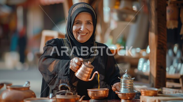 The concept of hospitality and good reception, a close-up of a smiling veiled Saudi Arabian Gulf woman looking at the camera serving hot drinks from a copper pot with gestures of pleasure and cheerfulness, the authenticity of customs and traditions in the Kingdom of Saudi Arabia