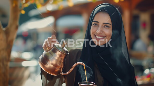 أصالة العادات والتقاليد في المملكة العربية السعودية، مفهوم كرم الضيافة وحسن الاستقبال، صورة مقربة لإمرأة عربية سعودية خليجية مبتسمة محجبة تقوم بتقديم المشروبات الساخنة من الدلة النحاسية، تعابير السرور والبشاشة