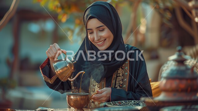 أصالة العادات والتقاليد في المملكة العربية السعودية، مفهوم كرم الضيافة وحسن الاستقبال، صورة مقربة لإمرأة عربية سعودية خليجية مبتسمة محجبة تقوم بتقديم المشروبات الساخنة من الدلة النحاسية، تعابير السرور والبشاشة