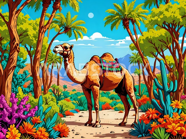 الاهتمام بتربية ورعاية الجمال والإبل، حيوانات التنقل والسفر في القديم، رسوم توضيحية ثلاثية الأبعاد لحيوان الجمل يقف وسط غابة مليئة بأشجار النخيل الباسقة والنباتات الملونة، الطبيعة الخصبة والمنتزهات الخضراء، الحفاظ على الثدييات في محميات طبيعية في السعودية