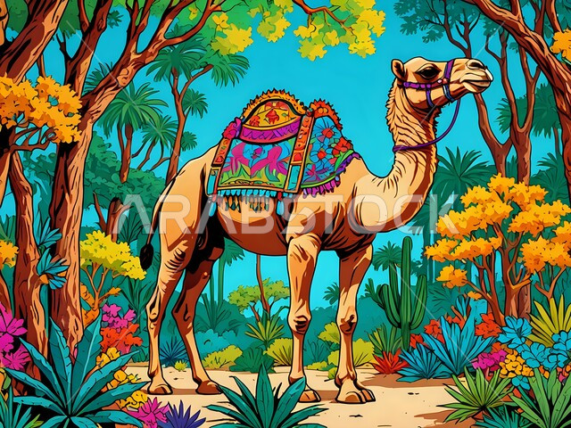 حيوانات التنقل والسفر في القديم، الاهتمام بتربية ورعاية الجمال والإبل، رسوم توضيحية ثلاثية الأبعاد لحيوان الجمل يقف وسط غابة مليئة بأشجار النخيل الباسقة والنباتات الملونة، الطبيعة الخصبة والمنتزهات الخضراء، الحفاظ على الثدييات في محميات طبيعية في السعودية