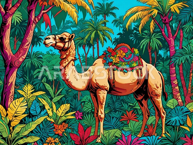 رسوم توضيحية ثلاثية الأبعاد لحيوان الجمل يقف وسط غابة مليئة بأشجار النخيل الباسقة والنباتات الملونة، حيوانات التنقل والسفر في القديم، الاهتمام بتربية ورعاية الجمال والإبل،الطبيعة الخصبة والمنتزهات الخضراء، الحفاظ على الثدييات في محميات طبيعية في السعودية