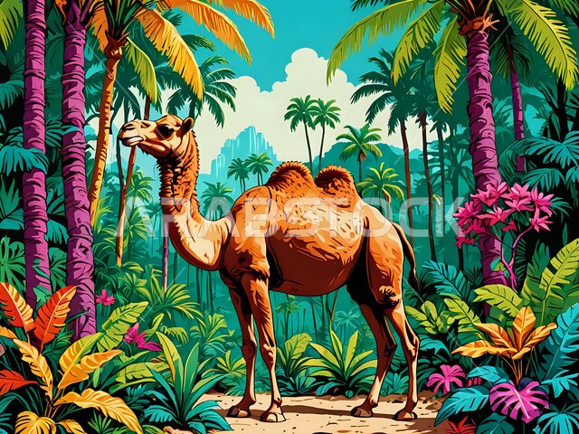  رسوم توضيحية ثلاثية الأبعاد لحيوان الجمل يقف وسط غابة مليئة بأشجار النخيل الباسقة والنباتات الملونة، حيوانات التنقل والسفر في القديم، الاهتمام بتربية ورعاية الجمال والإبل،الطبيعة الخصبة والمنتزهات الخضراء، الحفاظ على الثدييات في محميات طبيعية في السعودية