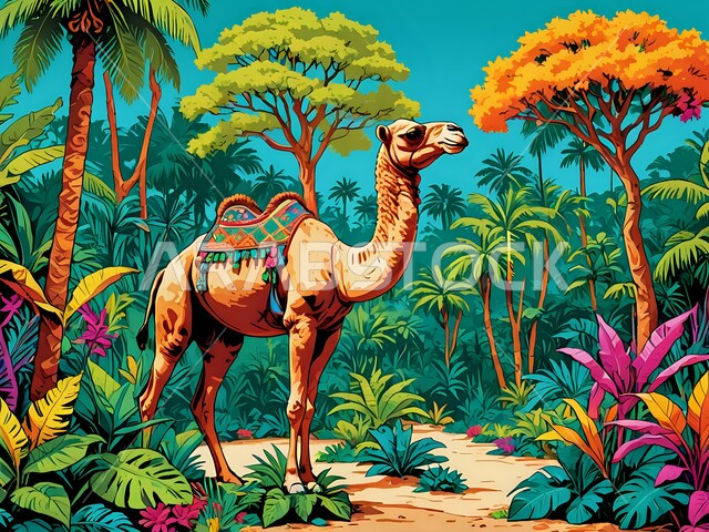  رسوم توضيحية ثلاثية الأبعاد لحيوان الجمل يقف وسط غابة مليئة بأشجار النخيل الباسقة والنباتات الملونة، حيوانات التنقل والسفر في القديم، الاهتمام بتربية ورعاية الجمال والإبل،الطبيعة الخصبة والمنتزهات الخضراء، الحفاظ على الثدييات في محميات طبيعية في السعودية