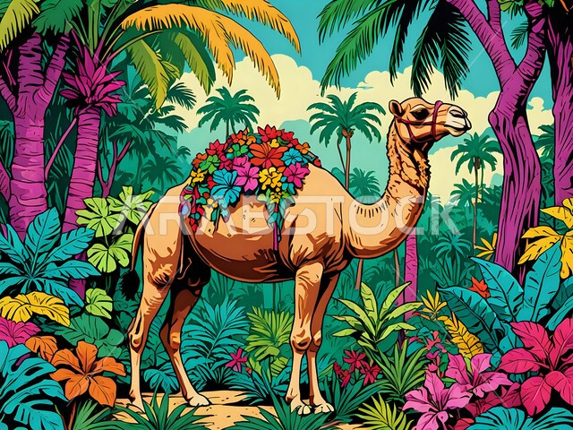  رسوم توضيحية ثلاثية الأبعاد لحيوان الجمل يقف وسط غابة مليئة بأشجار النخيل الباسقة والنباتات الملونة، حيوانات التنقل والسفر في القديم، الاهتمام بتربية ورعاية الجمال والإبل،الطبيعة الخصبة والمنتزهات الخضراء، الحفاظ على الثدييات في محميات طبيعية في السعودية