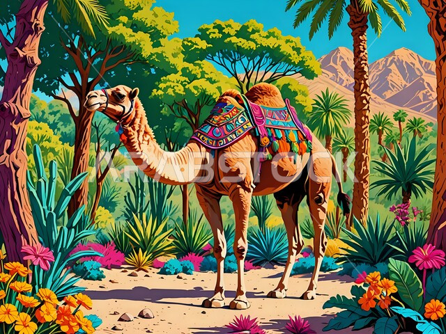  رسوم توضيحية ثلاثية الأبعاد لحيوان الجمل يقف وسط غابة مليئة بأشجار النخيل الباسقة والنباتات الملونة، حيوانات التنقل والسفر في القديم، الاهتمام بتربية ورعاية الجمال والإبل،الطبيعة الخصبة والمنتزهات الخضراء، الحفاظ على الثدييات في محميات طبيعية في السعودية