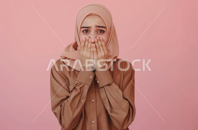 النظر للكاميرا بإيماءات المفاجأة، بورتريه مقرب لشابة عربية خليجية سعودية محجبة ترتدي الزي الكاجوال تقوم بتغطية فمها بتعبيرات الدهشة والصدمة، التعرض لخيبة أمل والشعور بالانزعاج، حركات ولغة الجسد، خلفية وردية