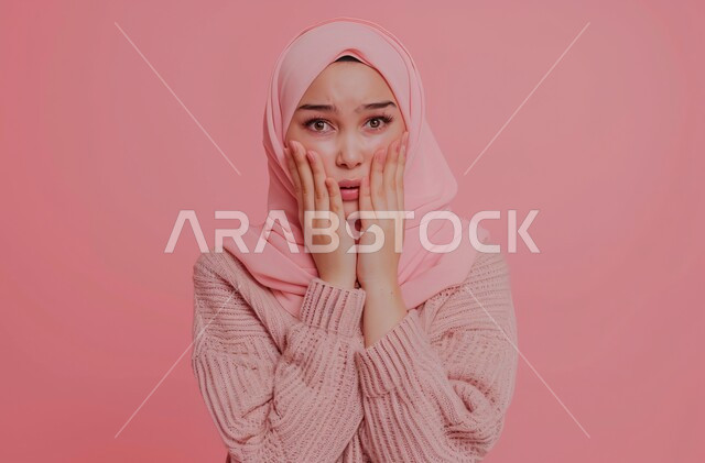 النظر للكاميرا بإيماءات المفاجأة، بورتريه مقرب لشابة عربية خليجية سعودية محجبة ترتدي الزي الكاجوال تقوم بتغطية فمها بتعبيرات الدهشة والصدمة، التعرض لخيبة أمل والشعور بالانزعاج، حركات ولغة الجسد، خلفية وردية