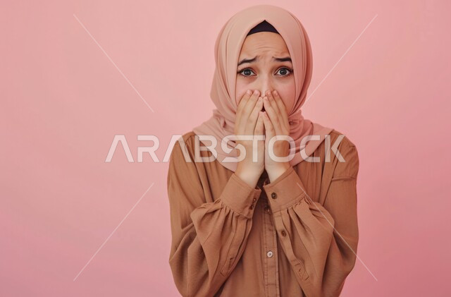 النظر للكاميرا بإيماءات المفاجأة، بورتريه مقرب لشابة عربية خليجية سعودية محجبة ترتدي الزي الكاجوال تقوم بتغطية فمها بتعبيرات الدهشة والصدمة، التعرض لخيبة أمل والشعور بالانزعاج، حركات ولغة الجسد، خلفية وردية