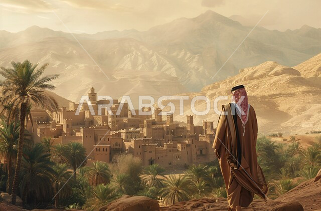المدن الأثرية والتاريخية في المملكة العربية السعودية, صورة من الخلف لرجل عربي خليجي سعودي يرتدي الملابس التقليدية الشعبية والشماغ يقف على قمة جبلية ويتأمل الأحياء القديمة, البيوت الطينية المبنية على الطراز العربي في المناطق الصحراوية 