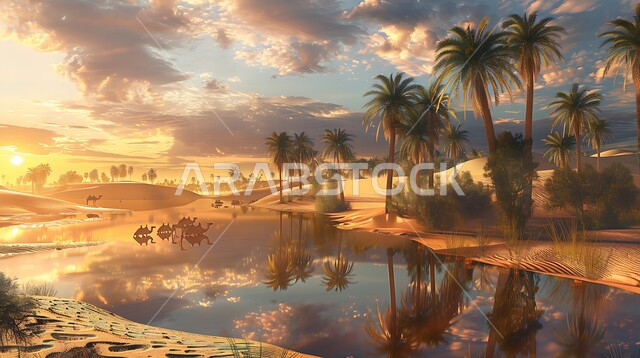 البيئة الصحراوية والطبيعة الجبلية في السعودية, المناطق الطبيعية السياحية الهادئة, انعكاس صورة أشجار النخيل والغيوم على المياه الصافية, منظر الغروب على إحدى واحات المملكة, خلفية السماء الملبدة بالسحب البيضاء