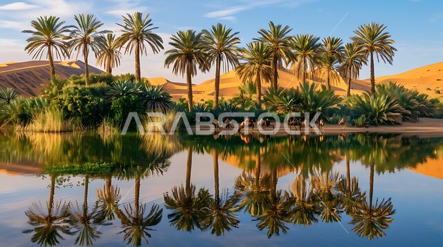 البيئة الصحراوية والطبيعة الجبلية في السعودية, المناطق الطبيعية السياحية الهادئة, انعكاس صورة أشجار النخيل والغيوم على المياه الصافية, منظر الغروب على إحدى واحات المملكة, خلفية السماء الملبدة بالسحب البيضاء