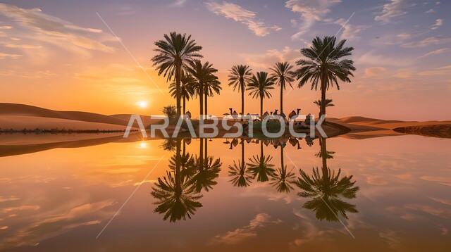 المناطق الطبيعية السياحية الهادئة في السعودية, انعكاس صورة أشجار النخيل والغيوم على المياه الصافية, منظر الغروب على إحدى واحات المملكة, الطبيعة الجبلية والبيئة الصحراوية, خلفية السماء الملبدة بالسحب البيضاء