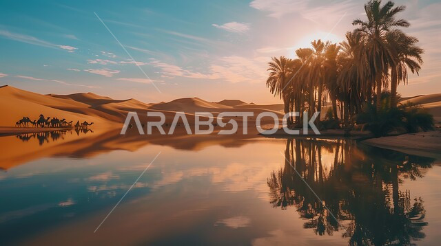 المناطق الطبيعية السياحية الهادئة في السعودية, انعكاس صورة أشجار النخيل والغيوم على المياه الصافية, منظر الغروب على إحدى واحات المملكة, الطبيعة الجبلية والبيئة الصحراوية, خلفية السماء الملبدة بالسحب البيضاء