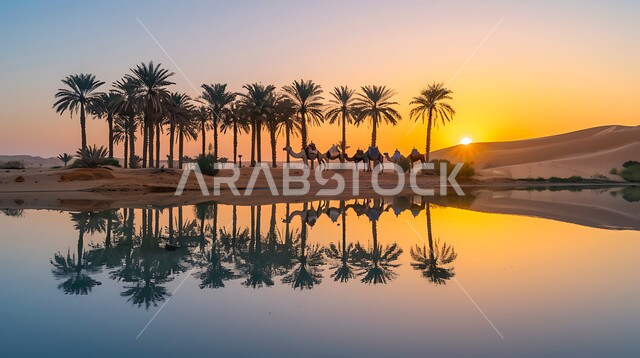 أماكن ووجهات طبيعية يقصدها السياح والزوار, انعكاس صورة أشجار النخيل والغيوم على المياه الصافية, منظر الغروب على إحدى الواحات في المملكة العربية السعودية, الطبيعة الجبلية والمناطق الصحراوية, خلفية السماء الملبدة بالسحب البيضاء