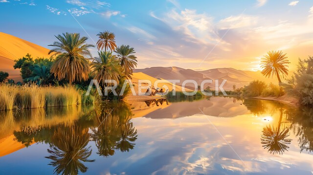 أماكن ووجهات طبيعية يقصدها السياح والزوار, انعكاس صورة أشجار النخيل والغيوم على المياه الصافية, منظر الغروب على إحدى الواحات في المملكة العربية السعودية, الطبيعة الجبلية والمناطق الصحراوية, خلفية السماء الملبدة بالسحب البيضاء