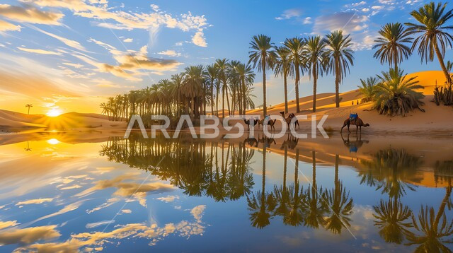 أماكن ووجهات طبيعية يقصدها السياح والزوار, انعكاس صورة أشجار النخيل والغيوم على المياه الصافية, منظر الغروب على إحدى الواحات في المملكة العربية السعودية, الطبيعة الجبلية والمناطق الصحراوية, خلفية السماء الملبدة بالسحب البيضاء