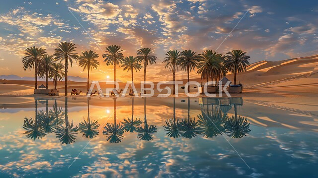 أماكن ووجهات طبيعية يقصدها السياح والزوار, انعكاس صورة أشجار النخيل والغيوم على المياه الصافية, منظر الغروب على إحدى الواحات في المملكة العربية السعودية, الطبيعة الجبلية والمناطق الصحراوية, خلفية السماء الملبدة بالسحب البيضاء