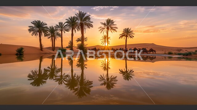 انعكاس صورة أشجار النخيل والغيوم على المياه الصافية, منظر الغروب على إحدى الواحات في المملكة العربية السعودية, الطبيعة الجبلية والمناطق الصحراوية, أماكن ووجهات طبيعية للسياح والزوار, خلفية السماء الملبدة بالسحب البيضاء