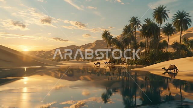 انعكاس صورة أشجار النخيل والغيوم على المياه الصافية, منظر الغروب على إحدى الواحات في المملكة العربية السعودية, الطبيعة الجبلية والمناطق الصحراوية, أماكن ووجهات طبيعية للسياح والزوار, خلفية السماء الملبدة بالسحب البيضاء